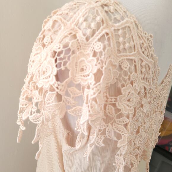 Vintage 80s Magnet Art Lynn Yang Maxi Dress Lace Crochet Pink Crepe Women Medium - Picture 5 of 11